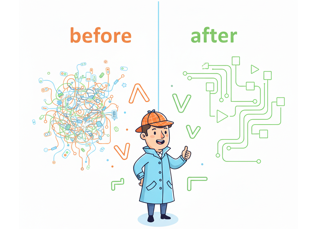 Запутанная схема до и чистая схема после упрощения — сила математической минимизации