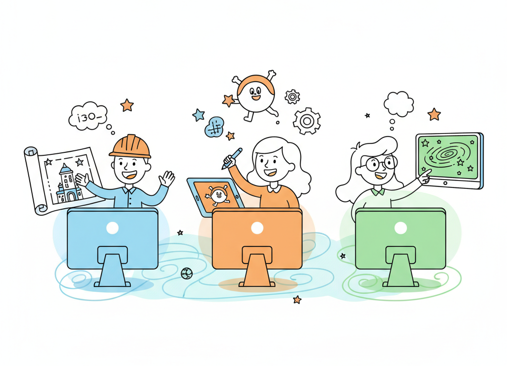 Весёлая иллюстрация с разными профессиями: архитектор с чертежом здания, мультипликатор рисующий персонажа, астроном с картой звёзд, все работают за яркими компьютерами