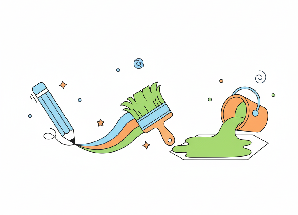 Интерфейс графического редактора в мультяшном стиле с большими яркими кнопками инструментов, палитрой цветов и белой рабочей областью в центре