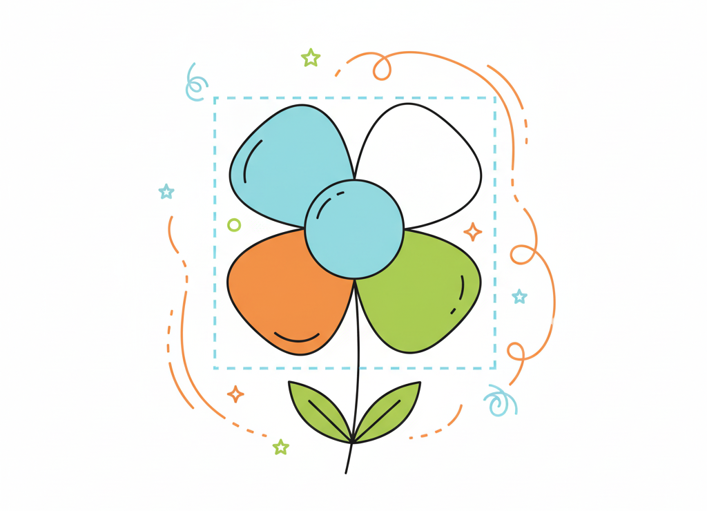 Набор геометрических фигур: прямые и изогнутые линии, квадраты, круги, треугольники и звёзды, нарисованные в ярких цветах