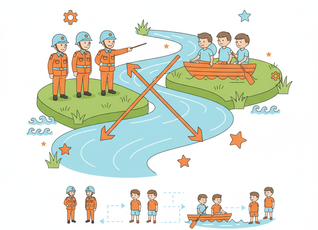 Река с двумя берегами, на одном берегу солдаты, на другом мальчики в лодке. Стрелки показывают направления переправы, а схематичные фигурки — план действий