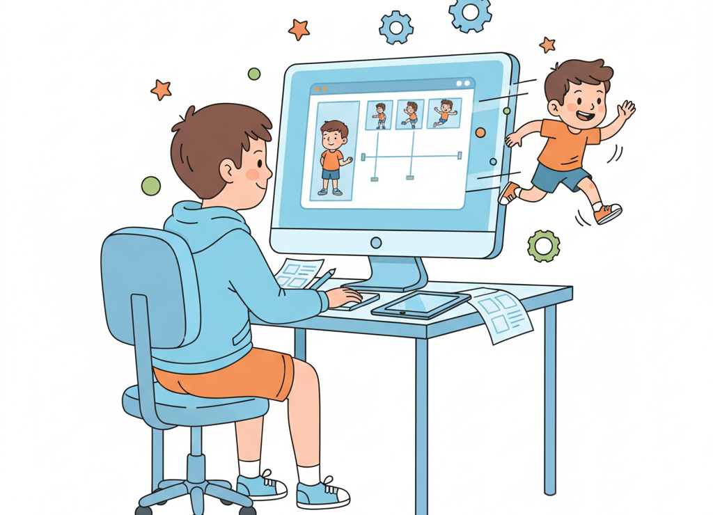 Аниматор за компьютером создаёт мультфильм: на экране видны кадры с персонажем в разных позах, рядом лежат наброски, а из экрана выпрыгивает ожившая анимация