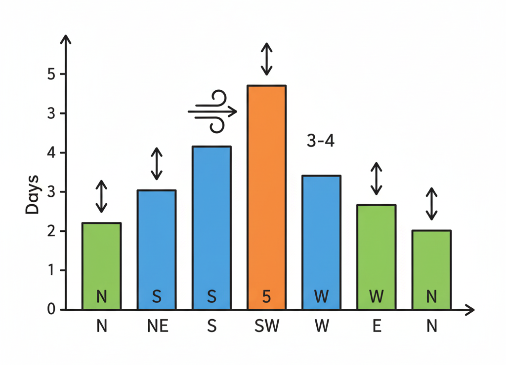Столбчатая диаграмма показывает, что чаще всего дул юго-западный ветер