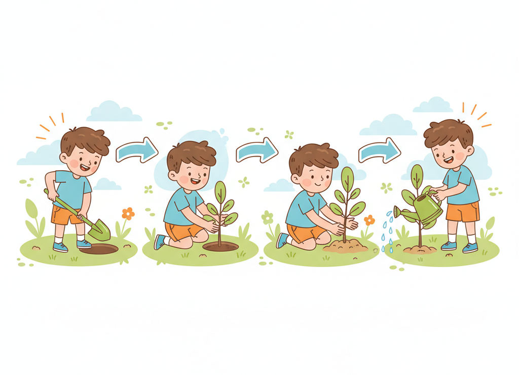 Линейный алгоритм посадки дерева — каждое действие строго по порядку