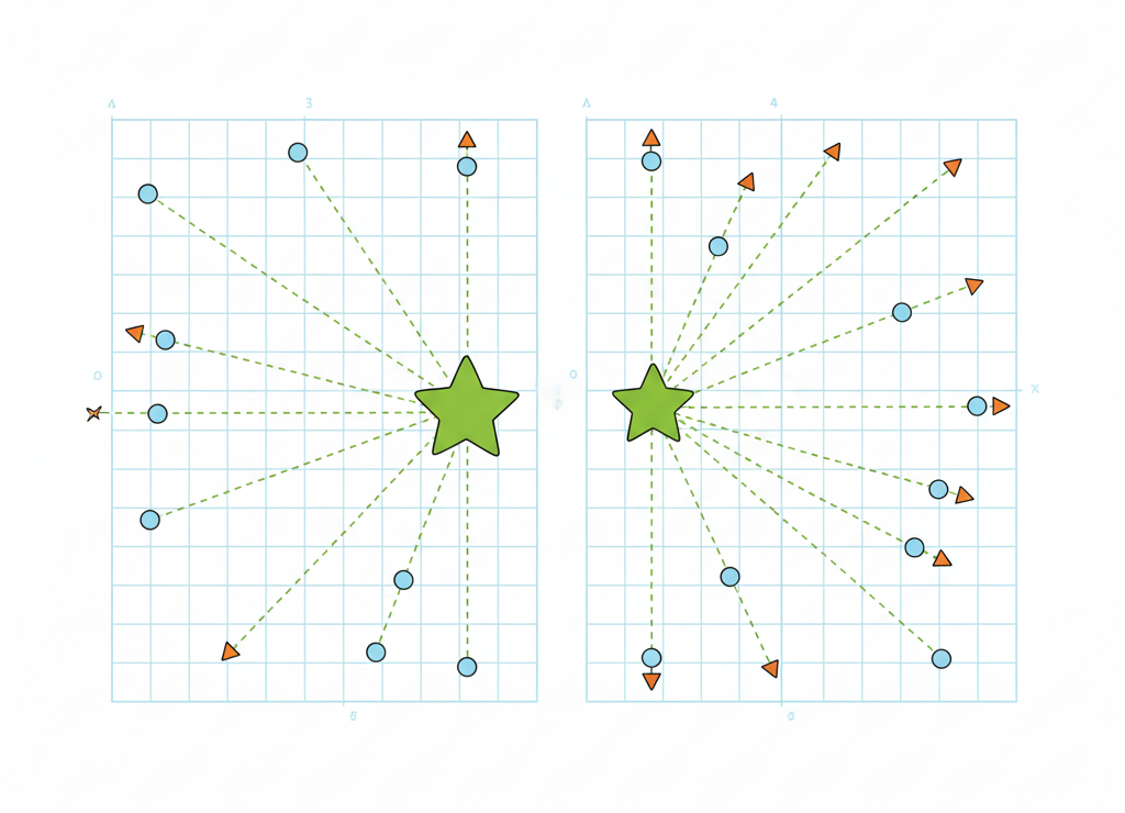 Абсолютное смещение ведёт в одну точку, относительное — зависит от начального положения